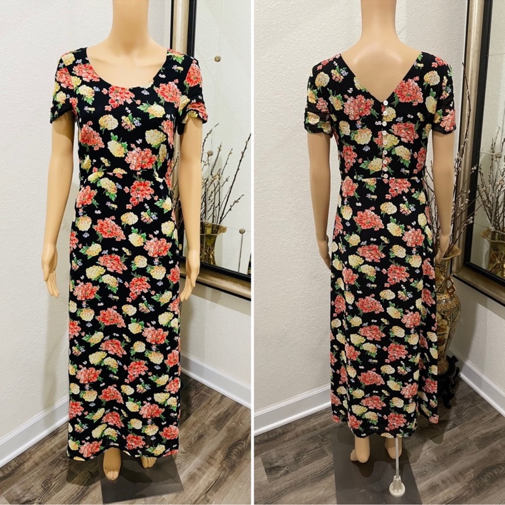 Laura Ashley Vintage romantic floral blk maxi dress 6
